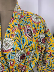 Boho Cotton Kimono House Robe Indian Handprinted Pink Yellow Garden Floral | Lightweight Summer Luxury Beach Holiday Cover Up Stunning Dress