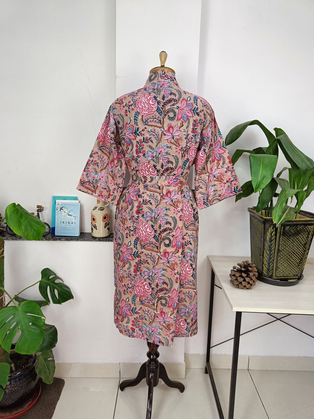 Boho Cotton Kimono House Robe Indian Handprinted Quick Sand Floral | Lightweight Summer Luxury Beach Holidays Yacht Cover Up Stunning Dress