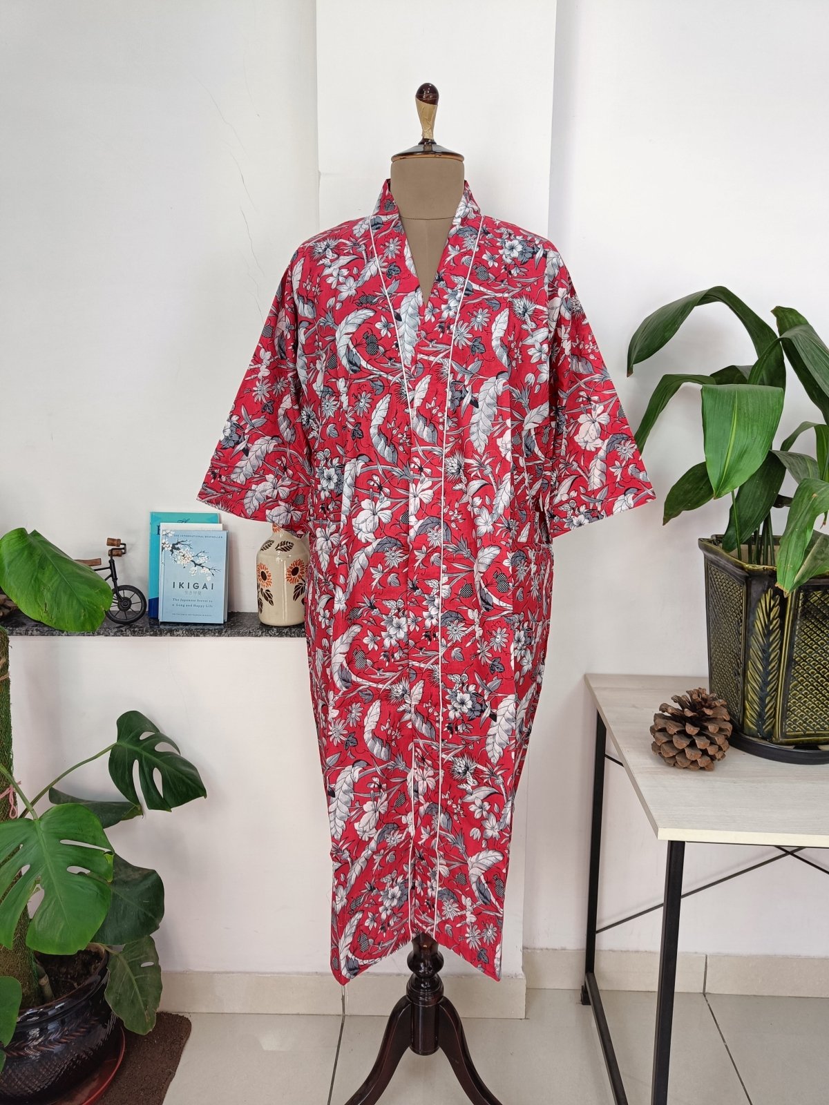Boho Cotton Kimono House Robe Indian Handprinted Red Wild Floral Chic | Lightweight Summer Luxury Beach Holiday Cover Up Stunning Bride Dres