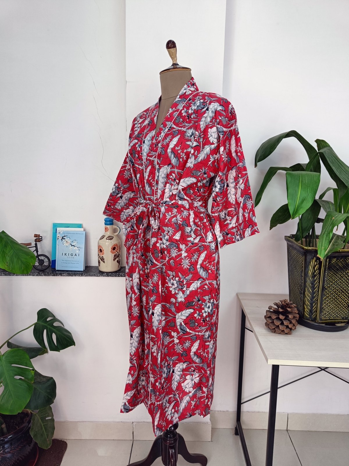 Boho Cotton Kimono House Robe Indian Handprinted Red Wild Floral Chic | Lightweight Summer Luxury Beach Holiday Cover Up Stunning Bride Dres
