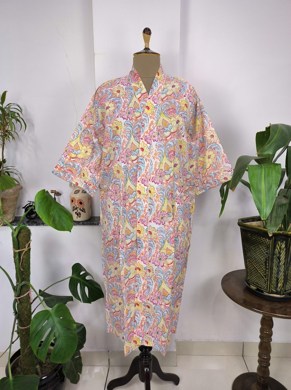 Boho House Robe Indian Handprinted Cotton Kimono Lively Blossoms | Perfect for Summer Luxury Beach Holidays Yacht Cover Up Stunning Dress