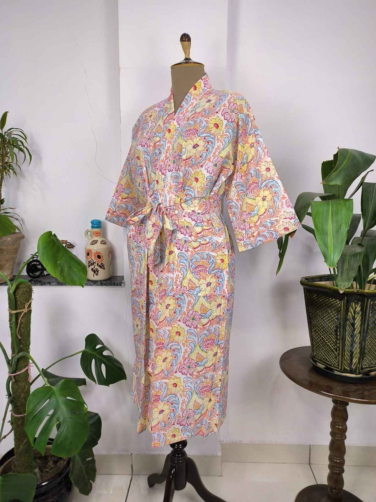 Boho House Robe Indian Handprinted Cotton Kimono Lively Blossoms | Perfect for Summer Luxury Beach Holidays Yacht Cover Up Stunning Dress