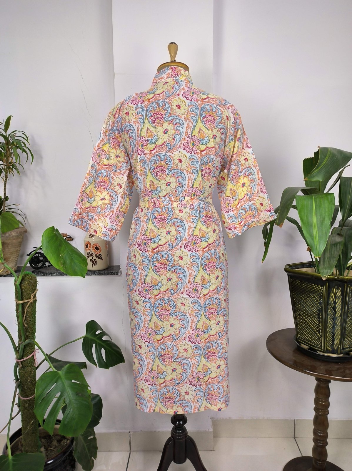 Boho House Robe Indian Handprinted Cotton Kimono Lively Blossoms | Perfect for Summer Luxury Beach Holidays Yacht Cover Up Stunning Dress