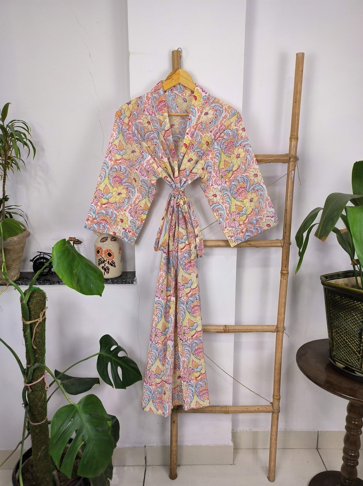Boho House Robe Indian Handprinted Cotton Kimono Lively Blossoms | Perfect for Summer Luxury Beach Holidays Yacht Cover Up Stunning Dress