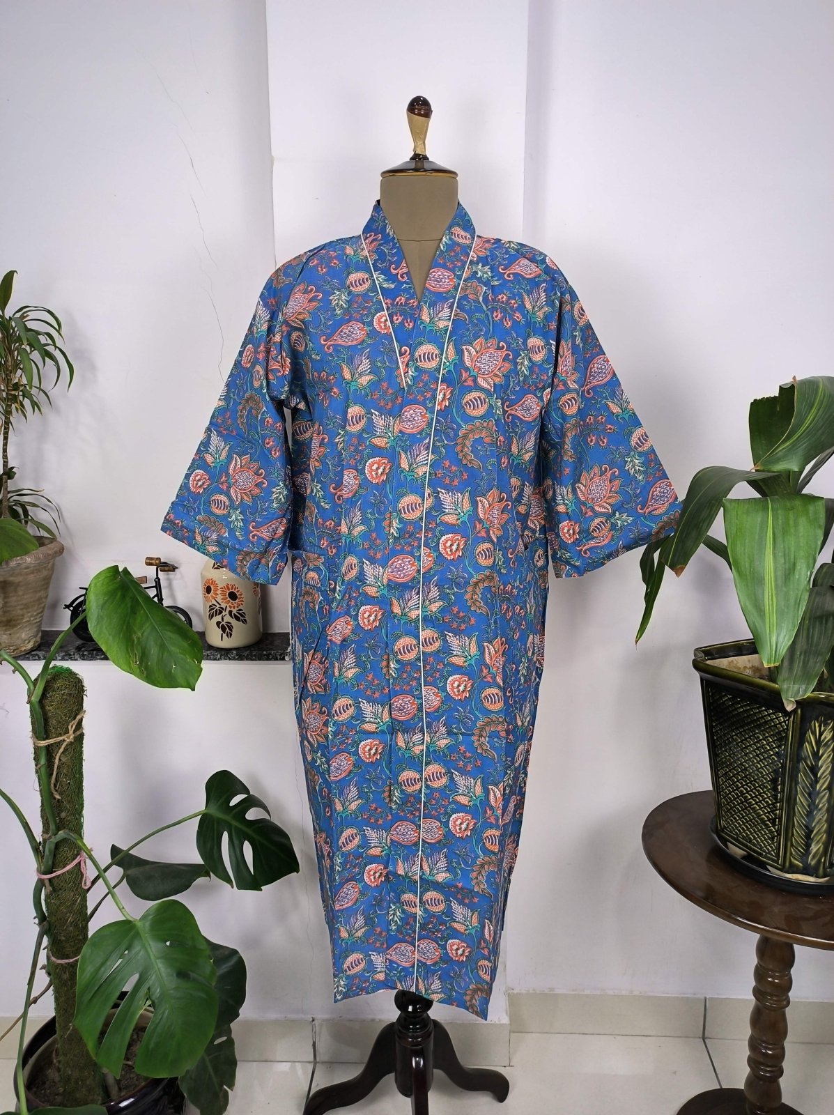 Boho House Robe Indian Handprinted Cotton Kimono Mid Night Blossom | Perfect for Summer Luxury Beach Holidays Yacht Cover Up Stunning Dress