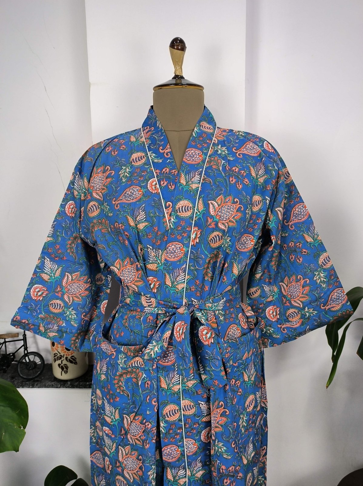 Boho House Robe Indian Handprinted Cotton Kimono Mid Night Blossom | Perfect for Summer Luxury Beach Holidays Yacht Cover Up Stunning Dress