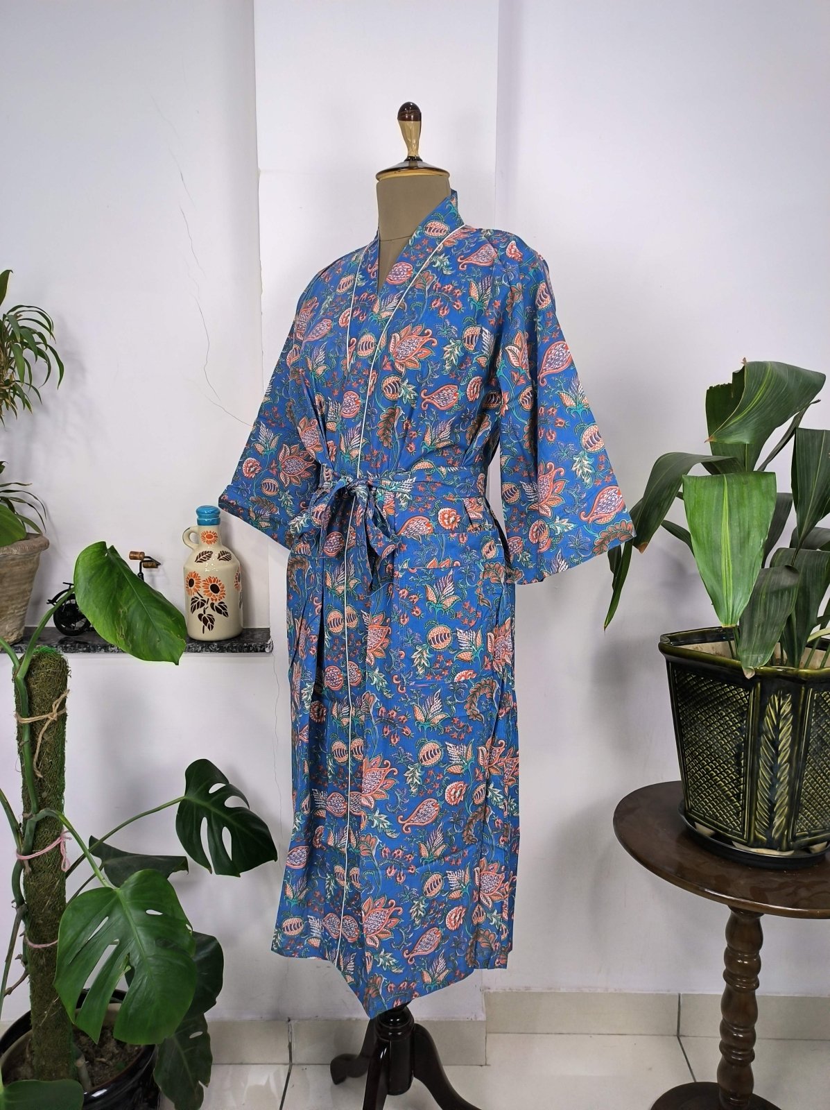 Boho House Robe Indian Handprinted Cotton Kimono Mid Night Blossom | Perfect for Summer Luxury Beach Holidays Yacht Cover Up Stunning Dress
