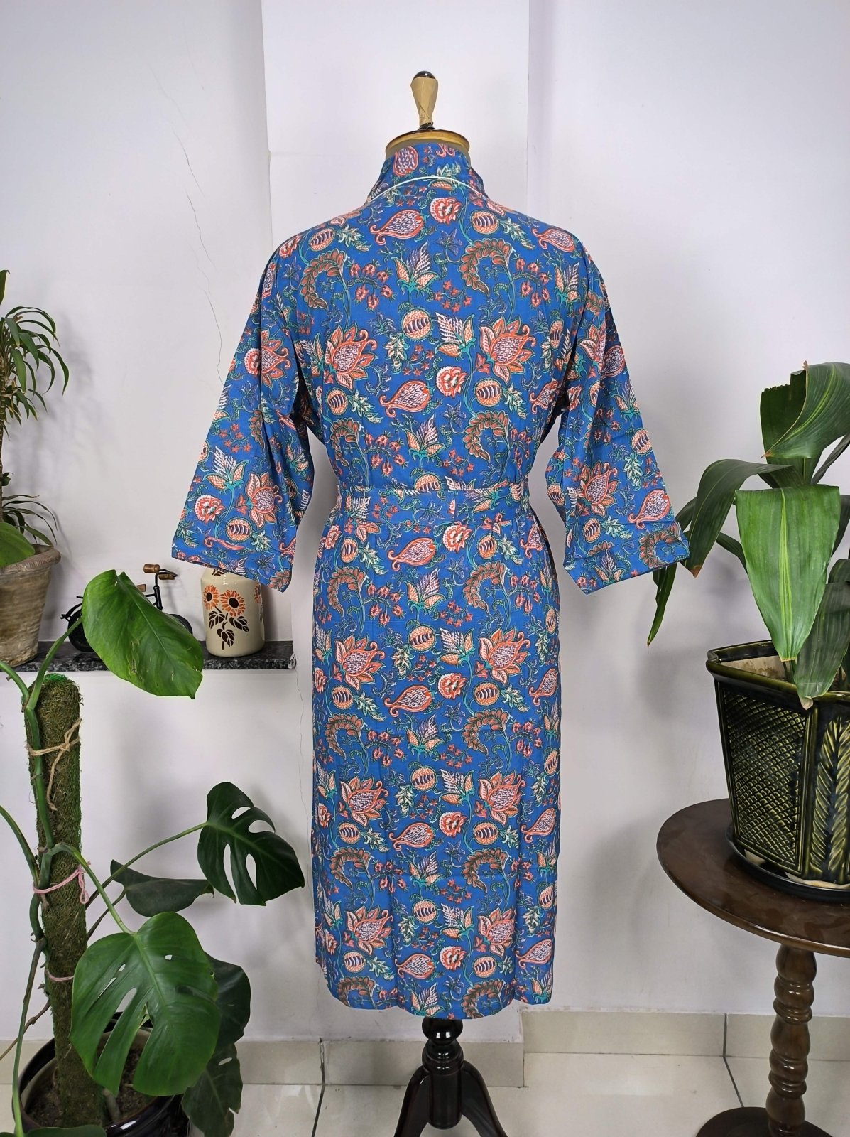 Boho House Robe Indian Handprinted Cotton Kimono Mid Night Blossom | Perfect for Summer Luxury Beach Holidays Yacht Cover Up Stunning Dress