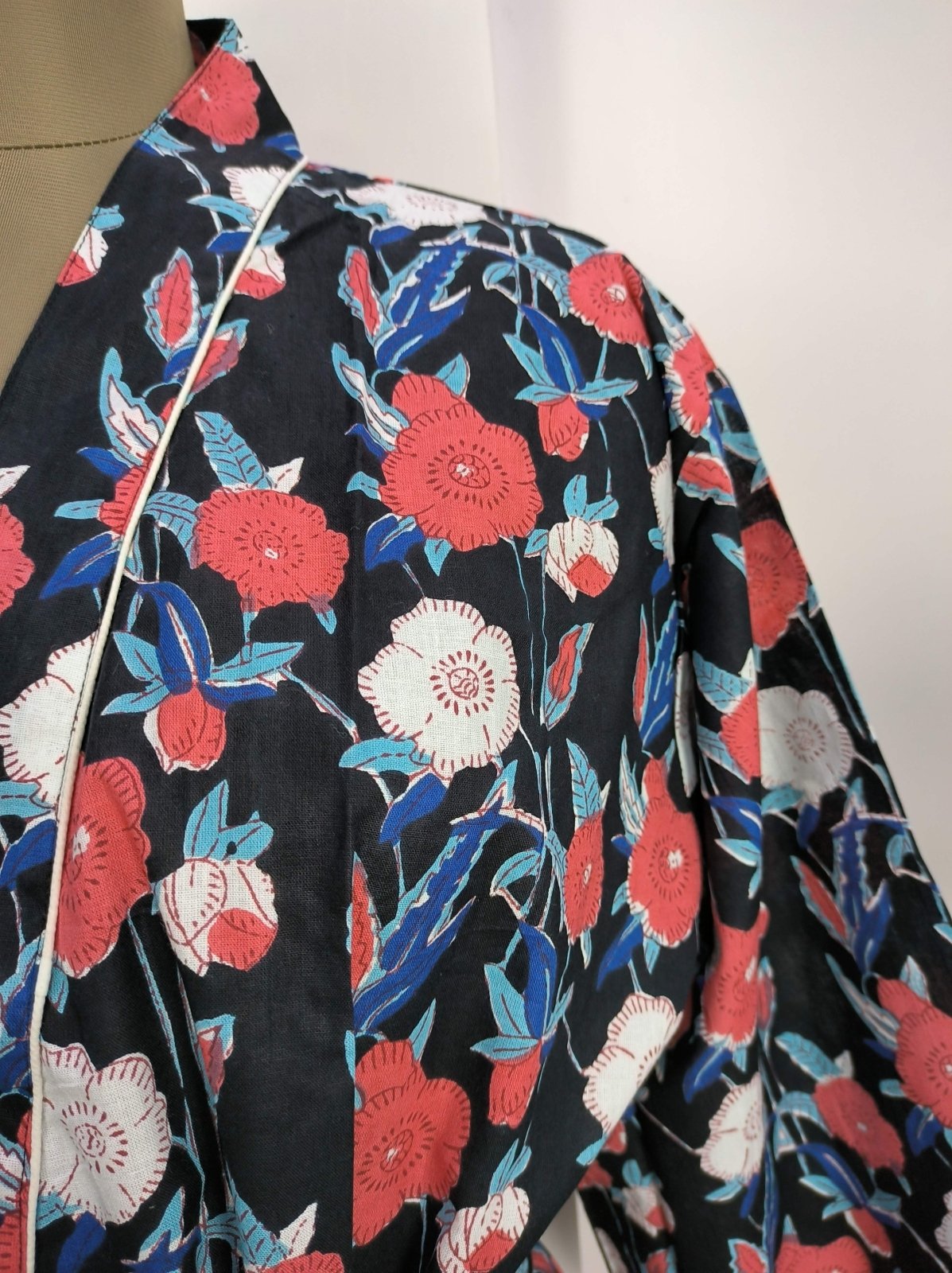 Boho House Robe Indian Handprinted Cotton Kimono Mid-Night Blossom | Perfect for Summer Luxury Beach Holidays Yacht Cover Up Stunning Dress