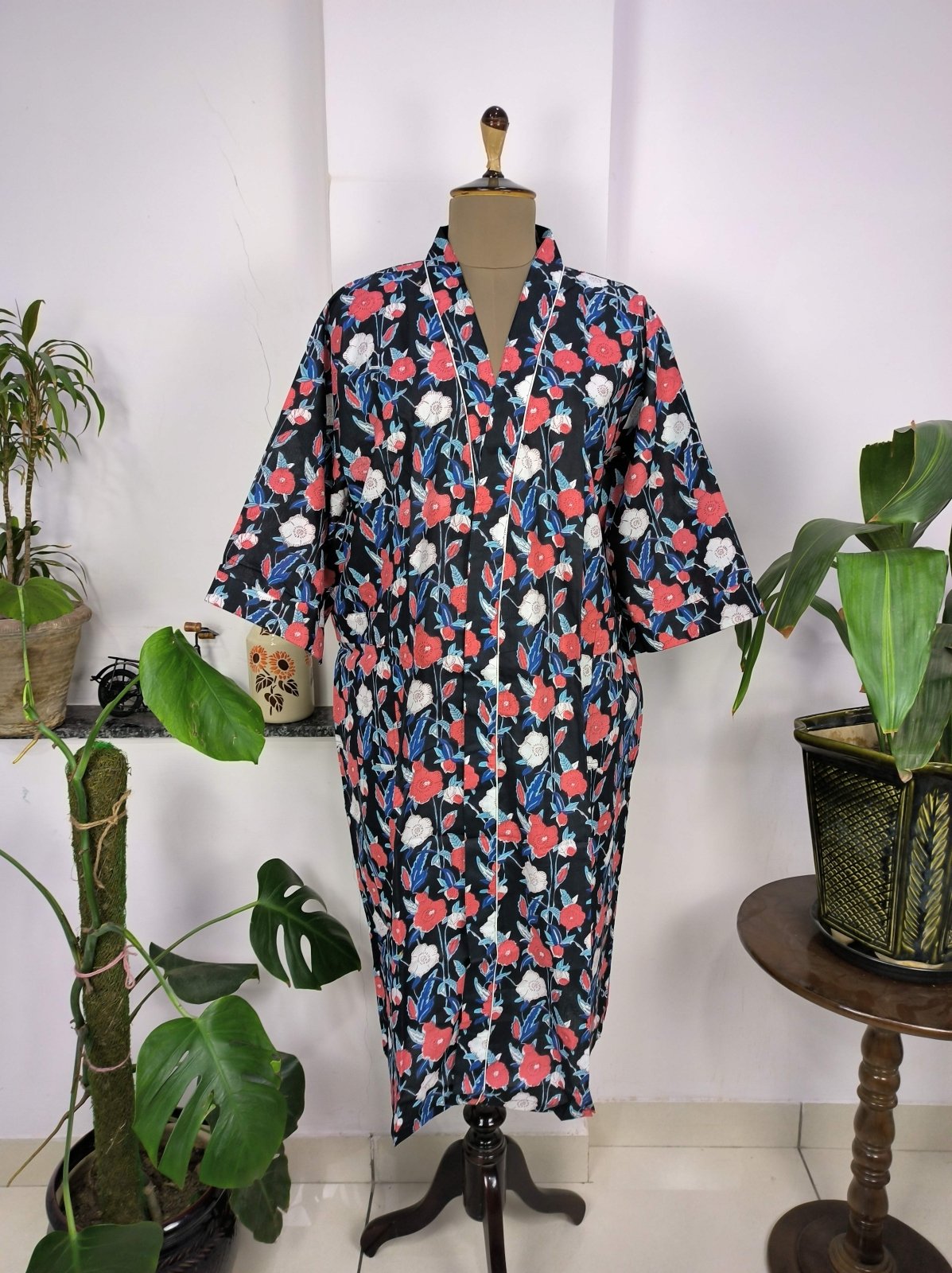 Boho House Robe Indian Handprinted Cotton Kimono Mid-Night Blossom | Perfect for Summer Luxury Beach Holidays Yacht Cover Up Stunning Dress