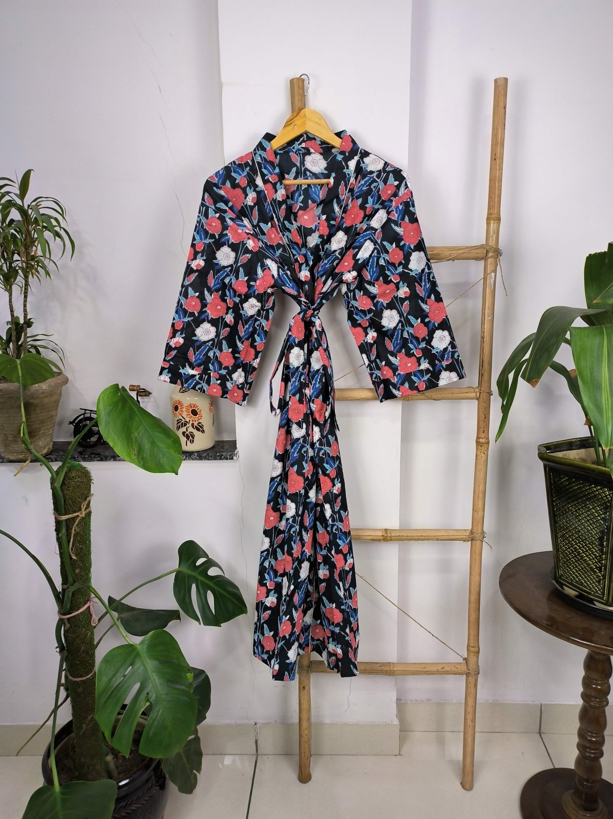 Boho House Robe Indian Handprinted Cotton Kimono Mid-Night Blossom | Perfect for Summer Luxury Beach Holidays Yacht Cover Up Stunning Dress