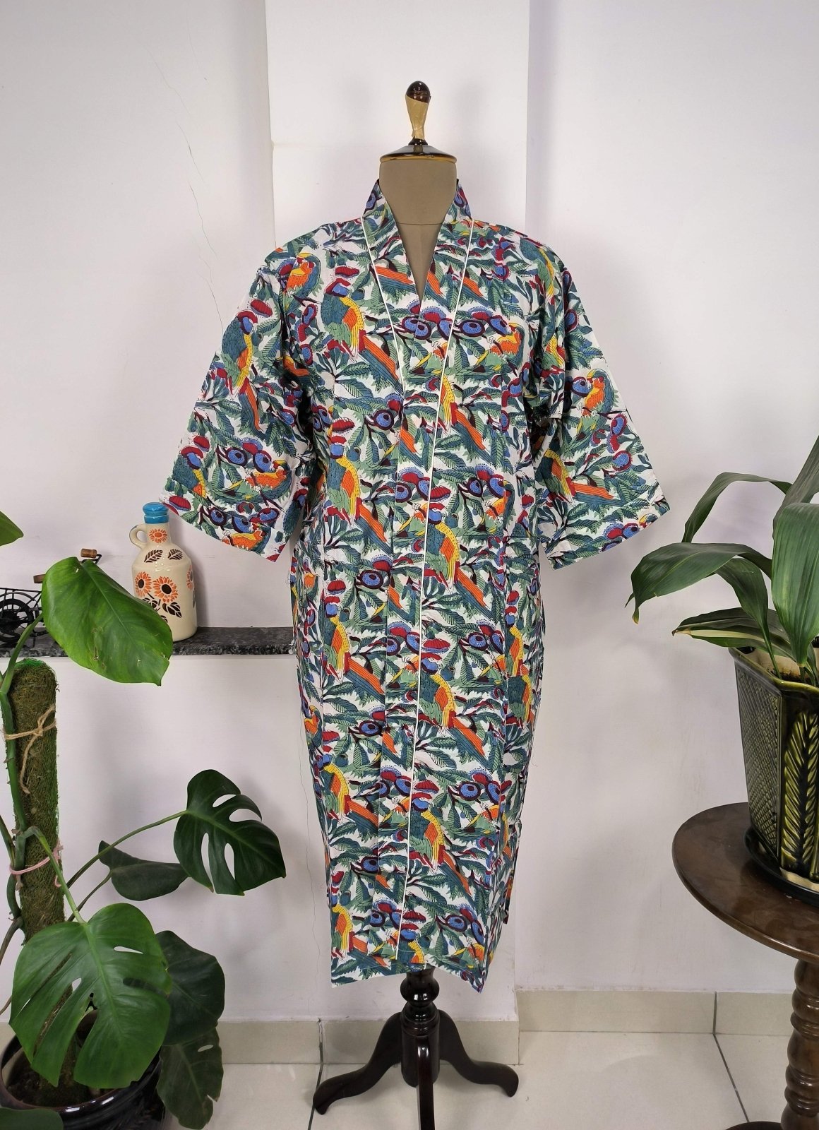 Boho House Robe Indian Handprinted Cotton Kimono Parrot Bird Print | Perfect for Summer Luxury Beach Holidays Yacht Cover Up Stunning Dress