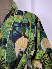 Boho House Robe Indian Handprinted Cotton Kimono Peacock Bird Print | Perfect for Summer Luxury Beach Holidays Yacht Cover Up Stunning Dress