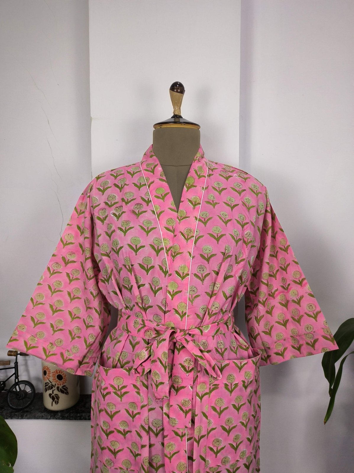 Boho House Robe Indian Handprinted Cotton Kimono Pink Yellow Floral | Perfect for Summer Luxury Beach Holidays Yacht Cover Up Stunning Dress