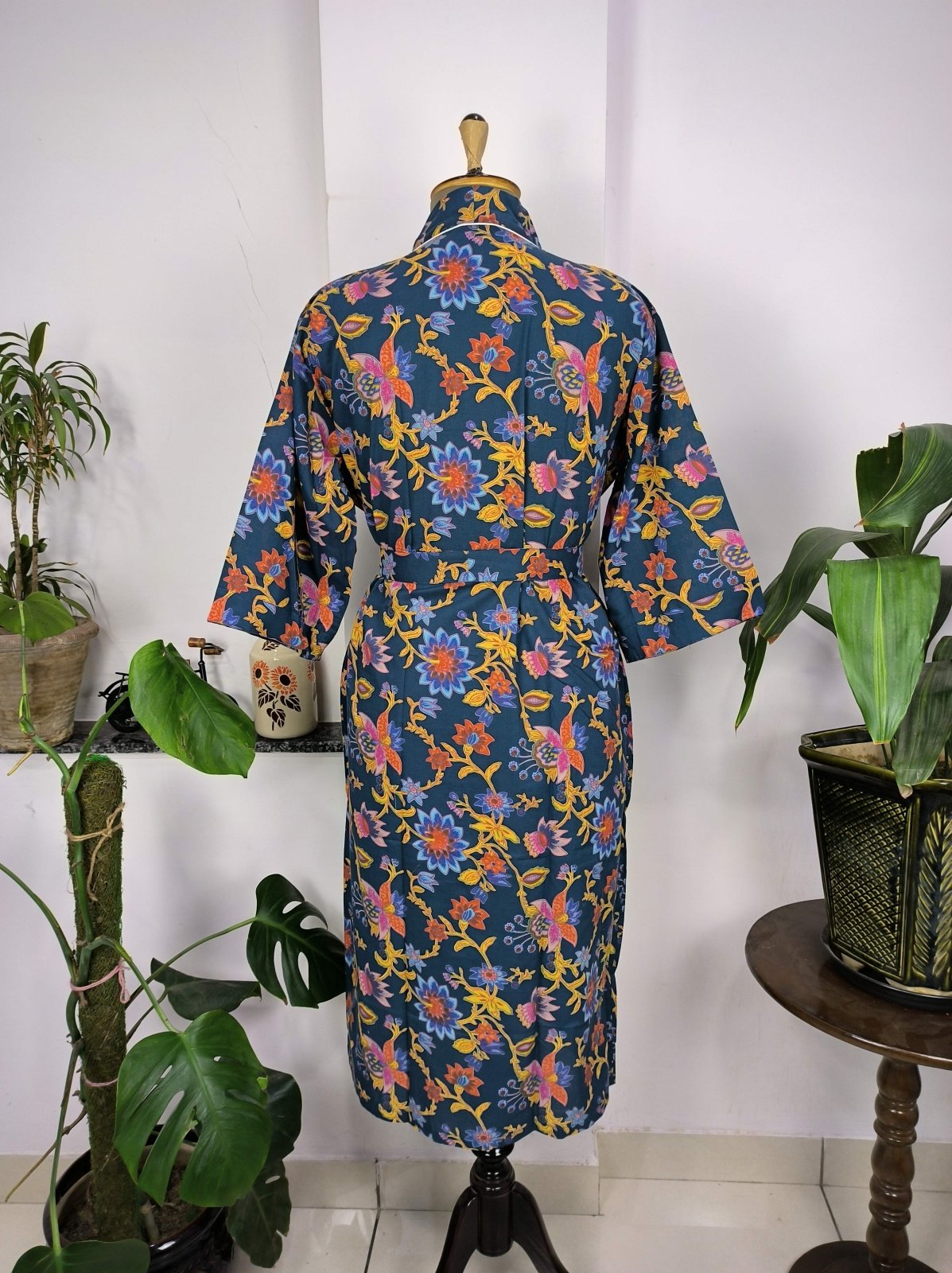Boho House Robe Indian Handprinted Cotton Kimono Red Wild Florals | Perfect for Summer Luxury Beach Holidays Yacht Cover Up Stunning Dress
