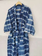Boho House Robe Summer Kimono Pure Cotton Indian Hand Tie Dye For Her | Anniversary Gift Beach Coverup/Comfy Maternity Mom | Blue Indigo
