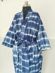 Boho House Robe Summer Kimono Pure Cotton Indian Hand Tie Dye For Her | Anniversary Gift Beach Coverup/Comfy Maternity Mom | Blue Indigo