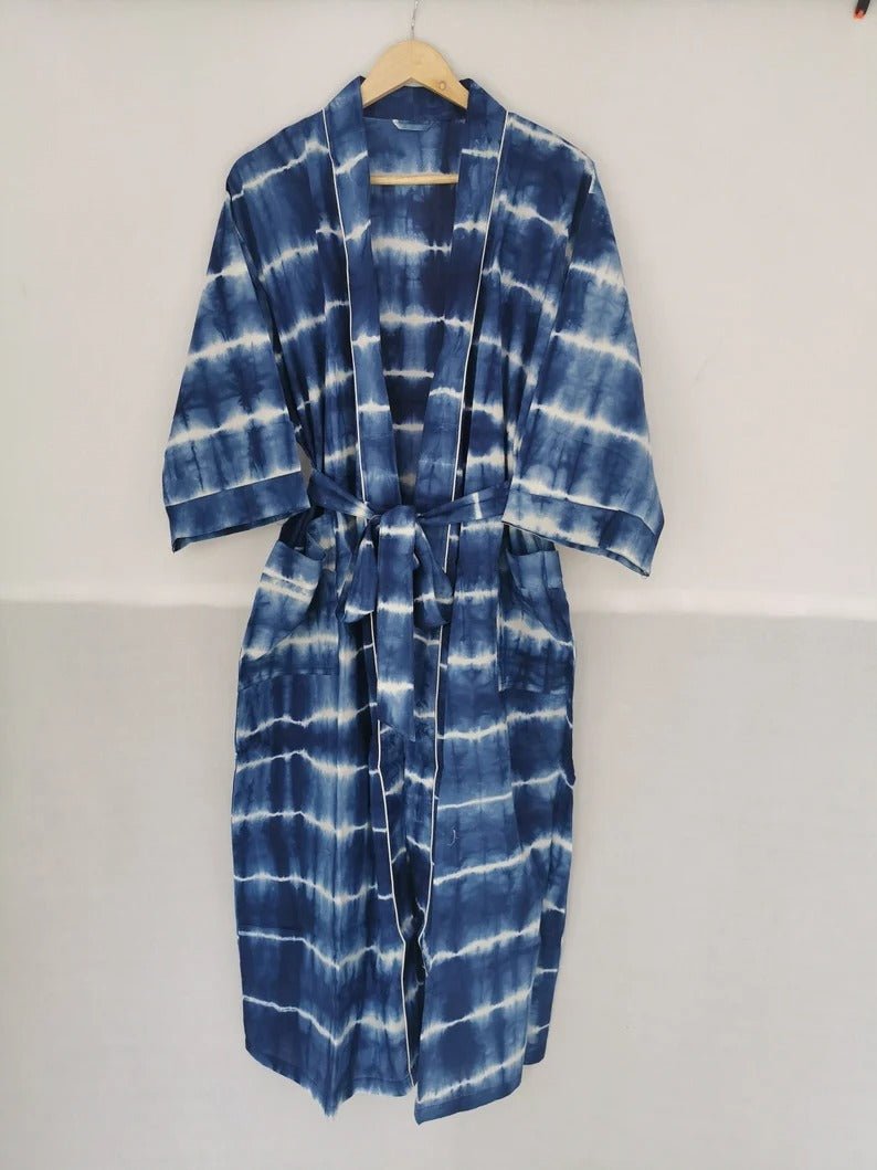 Boho House Robe Summer Kimono Pure Cotton Indian Hand Tie Dye For Her | Anniversary Gift Beach Coverup/Comfy Maternity Mom | Blue Indigo