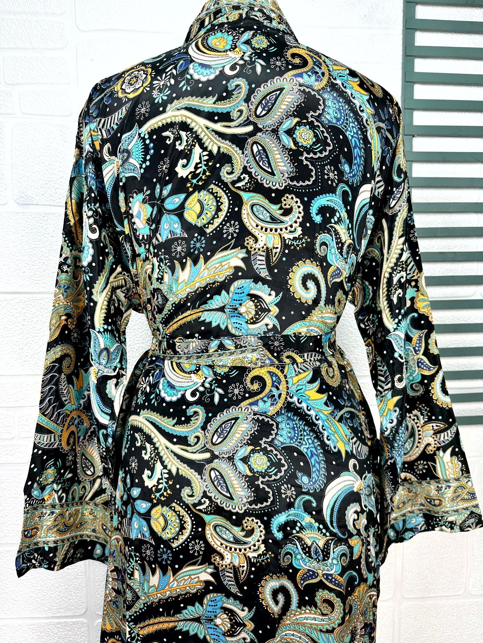 Boho Men's Soft Silk Kimono, Man Regal House Beach Robe, Persian King Floral Elegant Black Blue Hues