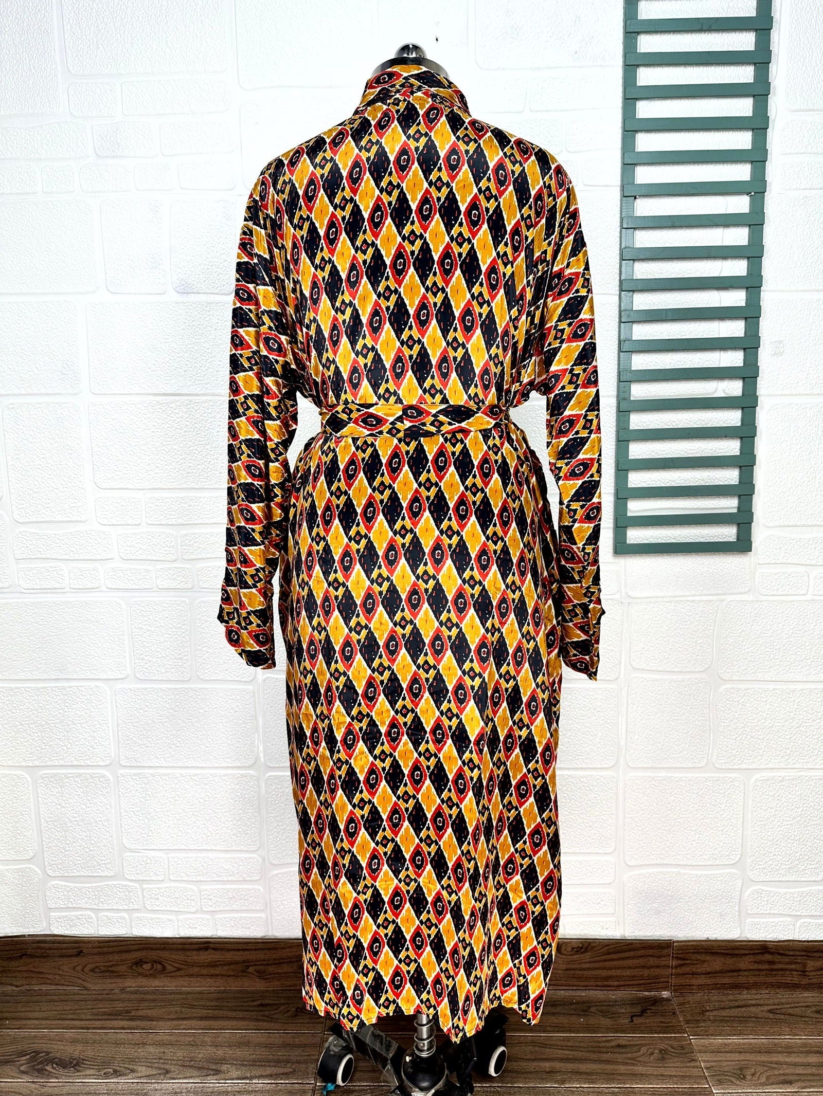 Boho Men's Soft Silk Kimono, Man Regal House Beach Robe, Persian King Ikat Elegant Yellow Black Hues