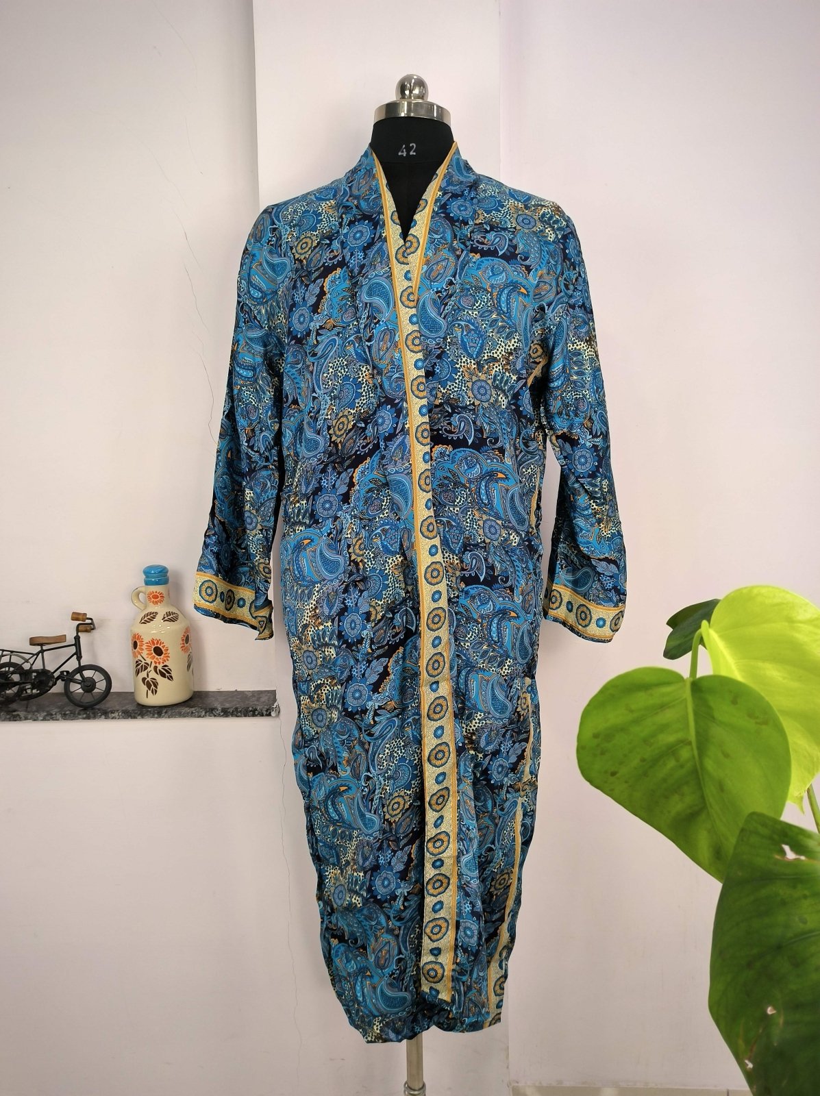 Boho Men's Soft Silk Kimono, Man Regal House Beach Robe, Persian King Paisley Elegant Blue Yellow Hues