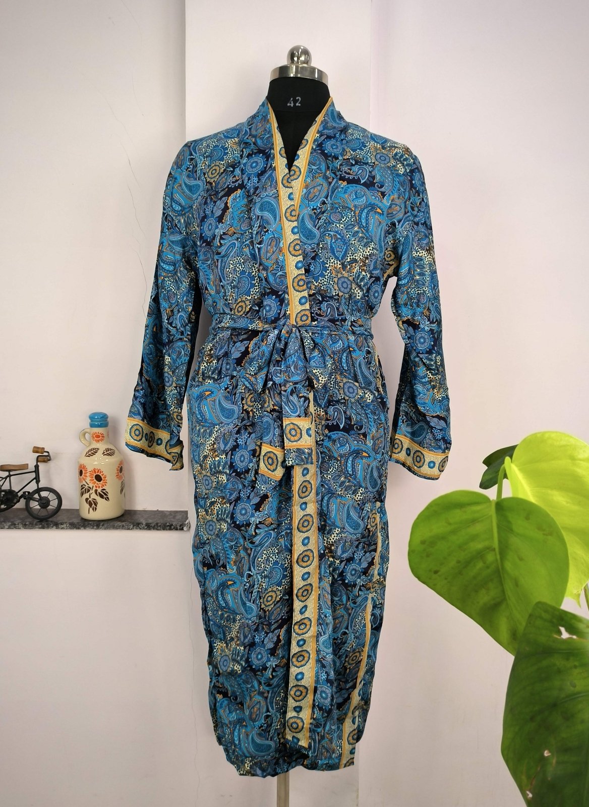 Boho Men's Soft Silk Kimono, Man Regal House Beach Robe, Persian King Paisley Elegant Blue Yellow Hues