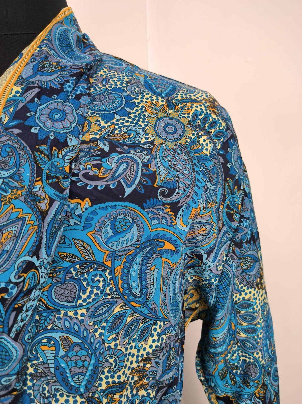 Boho Men's Soft Silk Kimono, Man Regal House Beach Robe, Persian King Paisley Elegant Blue Yellow Hues