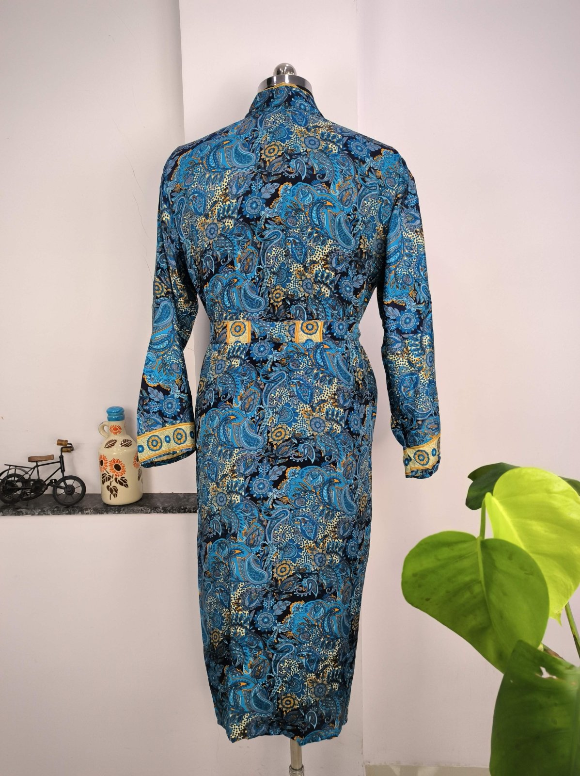 Boho Men's Soft Silk Kimono, Man Regal House Beach Robe, Persian King Paisley Elegant Blue Yellow Hues