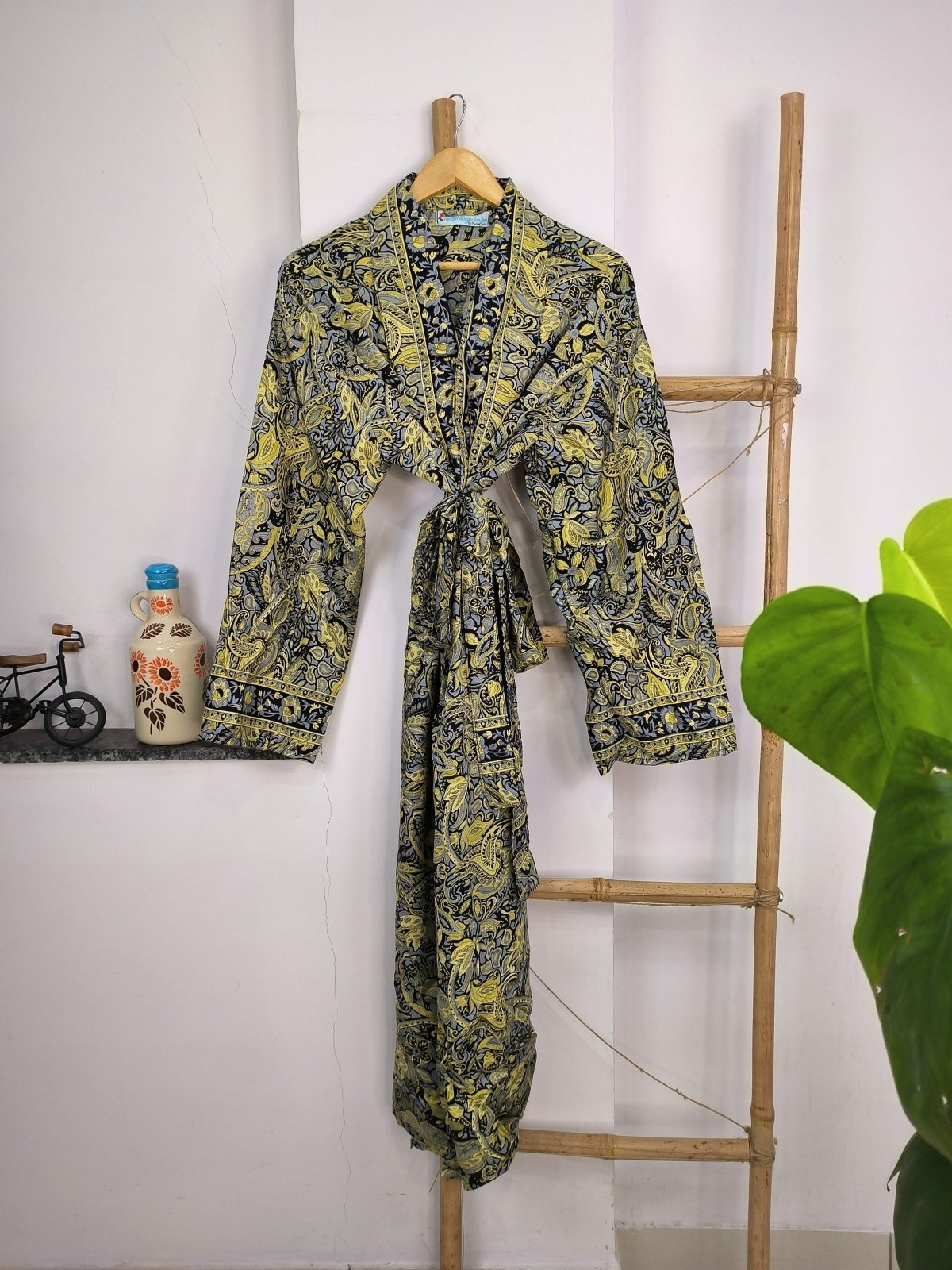 Boho Men's Soft Silk Kimono, Man Regal House Beach Robe, Persian King Paisley Elegant Blue Yellow Hues