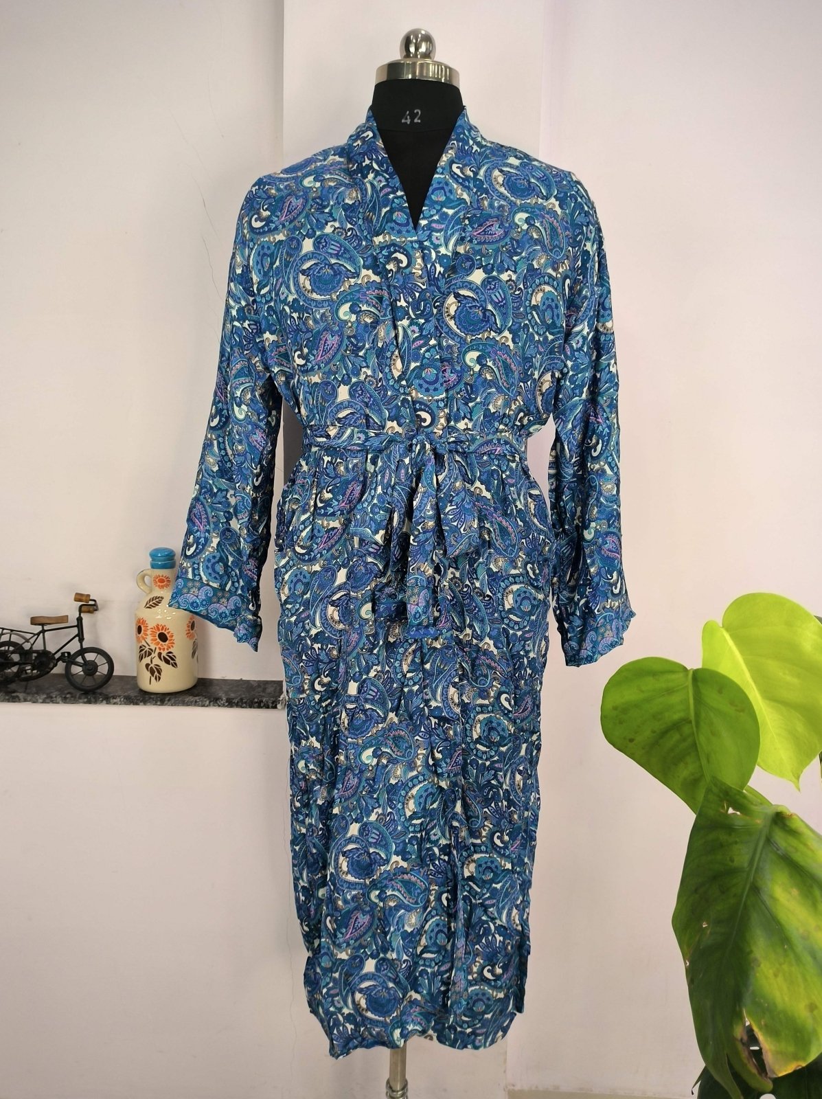 Boho Men's Soft Silk Kimono, Man Regal House Beach Robe, Persian King Paisley Elegant Blue Yellow Hues