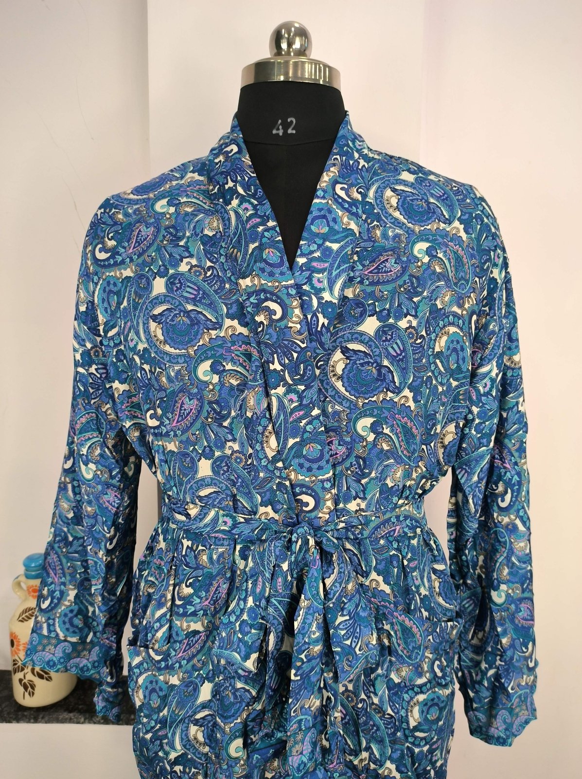 Boho Men's Soft Silk Kimono, Man Regal House Beach Robe, Persian King Paisley Elegant Blue Yellow Hues