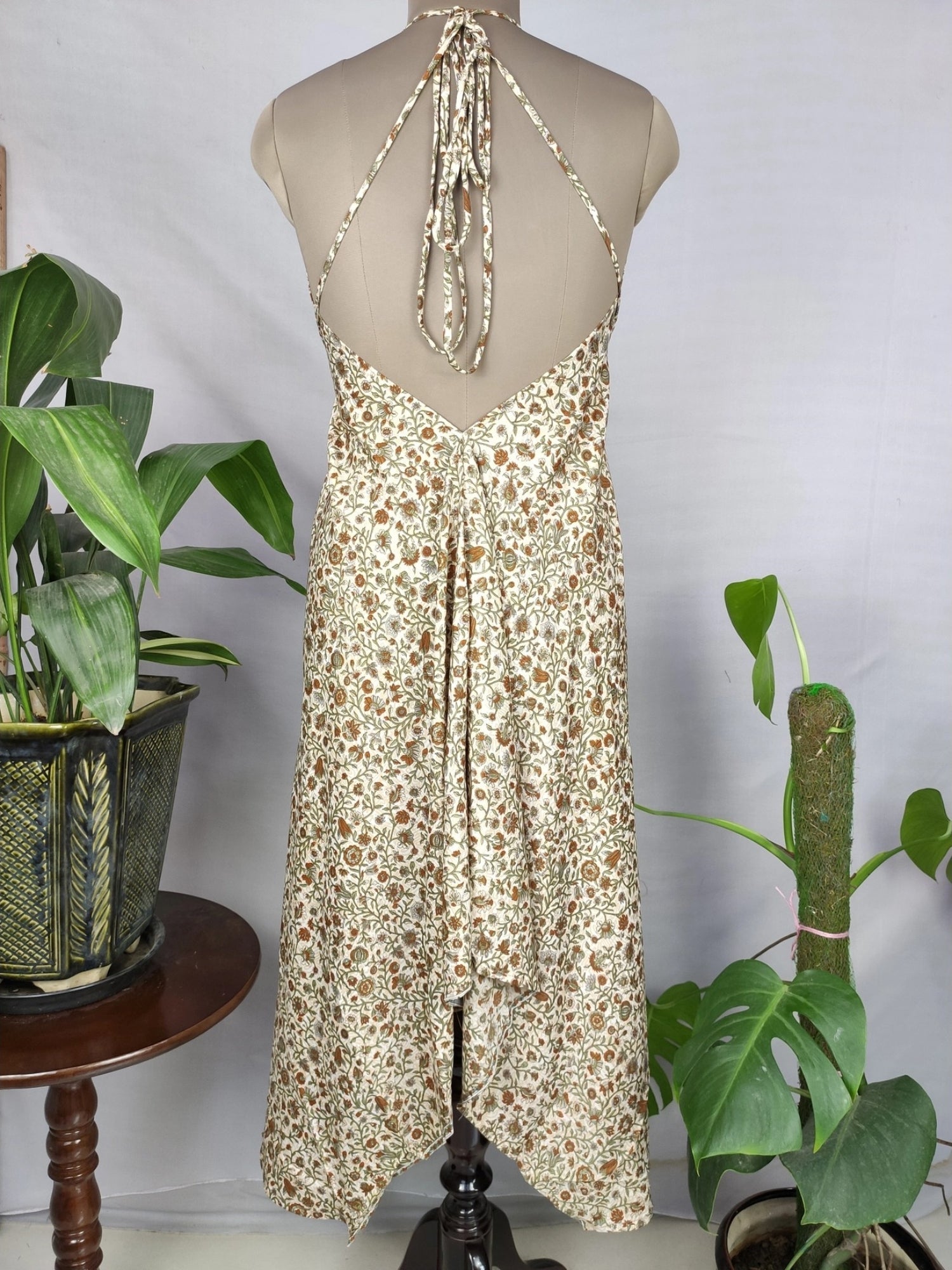 Boho Recycle Silk Magic Summer Maxi Halter Dress | Ivory Brown Floral Motifs