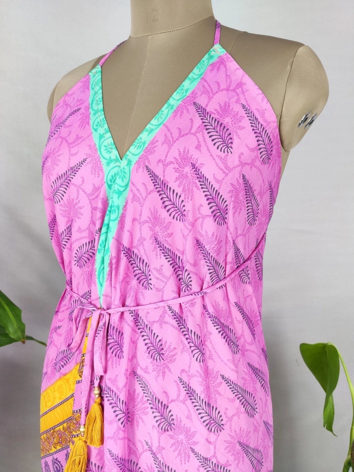 Boho Recycle Silk Magic Summer Maxi Halter Dress | Pink Turquoise Persian Print