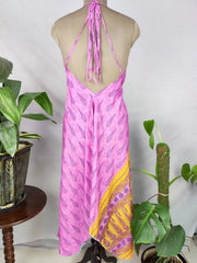 Boho Recycle Silk Magic Summer Maxi Halter Dress | Pink Turquoise Persian Print
