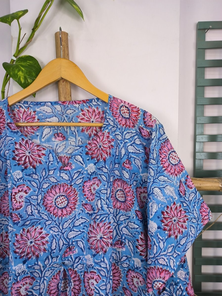 Boho Style Kaftan Dress | Indian Handprinted Blue Pink Sunflower Gardenia| Breathable Lightweight Cotton Fabric Comfortable Chic Summer Look