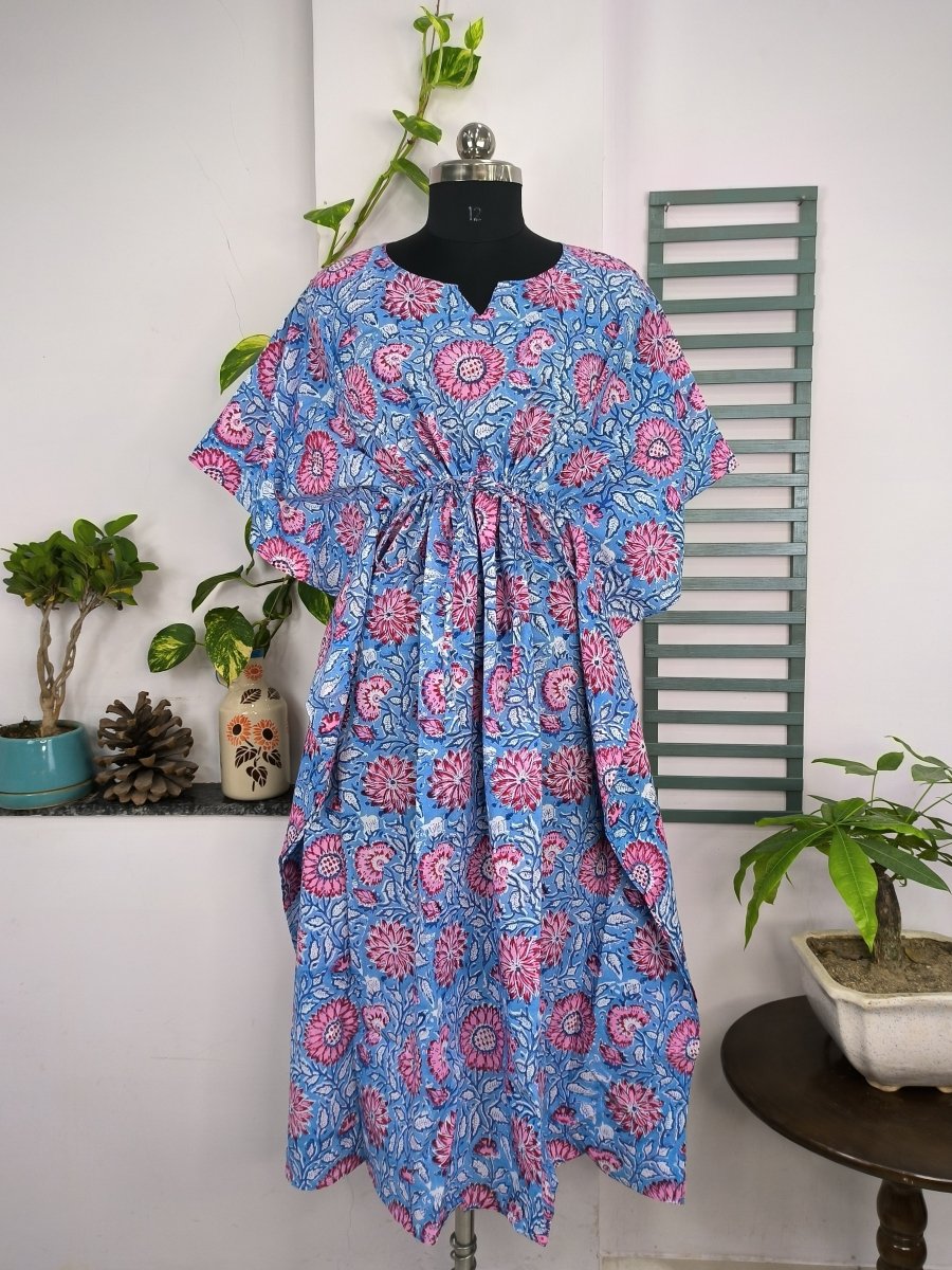Boho Style Kaftan Dress | Indian Handprinted Blue Pink Sunflower Gardenia| Breathable Lightweight Cotton Fabric Comfortable Chic Summer Look