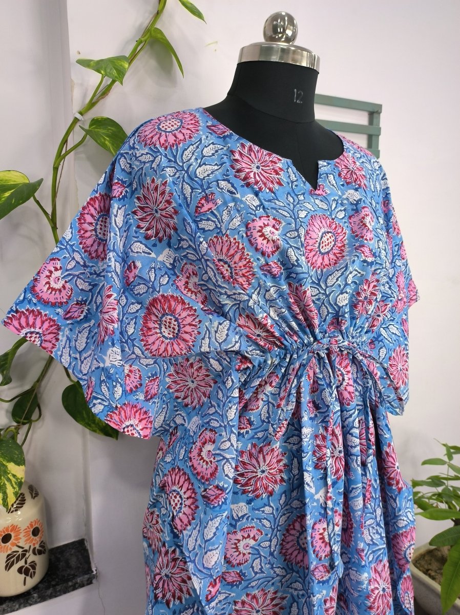 Boho Style Kaftan Dress | Indian Handprinted Blue Pink Sunflower Gardenia| Breathable Lightweight Cotton Fabric Comfortable Chic Summer Look