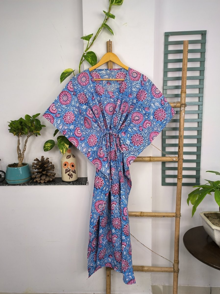 Boho Style Kaftan Dress | Indian Handprinted Blue Pink Sunflower Gardenia| Breathable Lightweight Cotton Fabric Comfortable Chic Summer Look