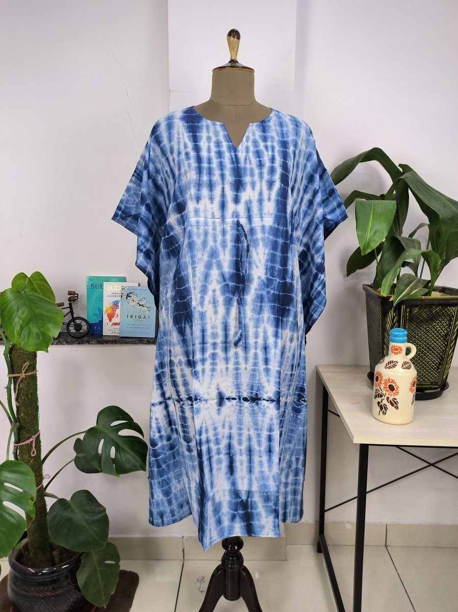 Boho Style Kaftan Dress | Indian Handprinted Blue White Indigo Tie Dye | Breathable Lightweight Cotton Fabric, Comfortable Chic Summer Look