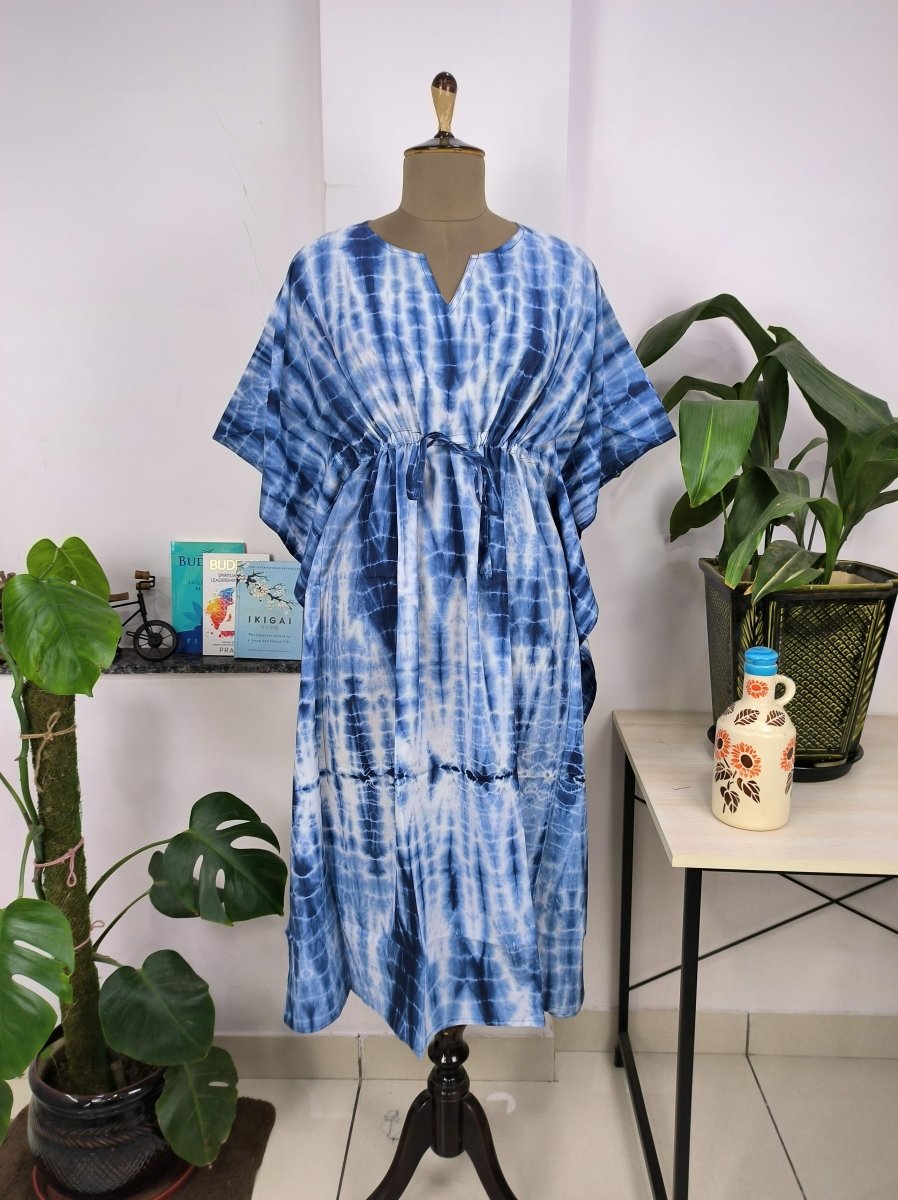 Boho Style Kaftan Dress | Indian Handprinted Blue White Indigo Tie Dye | Breathable Lightweight Cotton Fabric, Comfortable Chic Summer Look