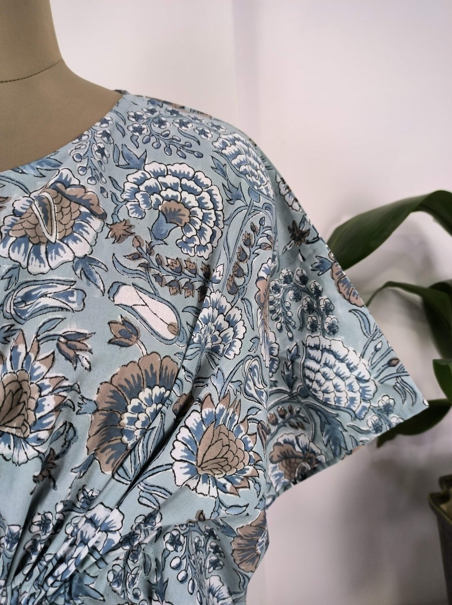 Boho Style Kaftan Dress | Indian Handprinted Deep Steel Grey Botanical | Breathable Lightweight Cotton Fabric, Comfortable Chic Summer Look