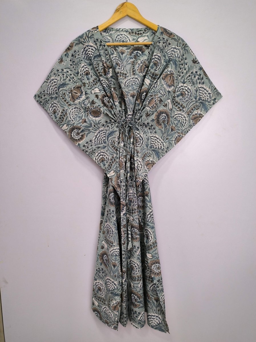 Boho Style Kaftan Dress | Indian Handprinted Deep Steel Grey Botanical | Breathable Lightweight Cotton Fabric, Comfortable Chic Summer Look