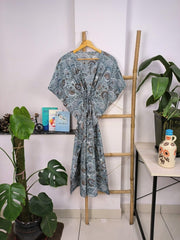 Boho Style Kaftan Dress | Indian Handprinted Deep Steel Grey Botanical | Breathable Lightweight Cotton Fabric, Comfortable Chic Summer Look