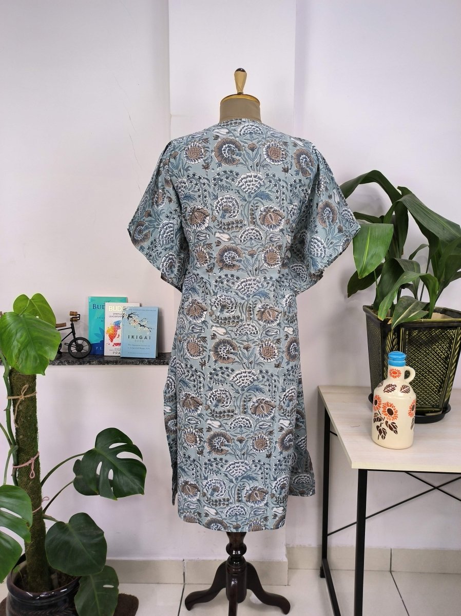 Boho Style Kaftan Dress | Indian Handprinted Deep Steel Grey Botanical | Breathable Lightweight Cotton Fabric, Comfortable Chic Summer Look