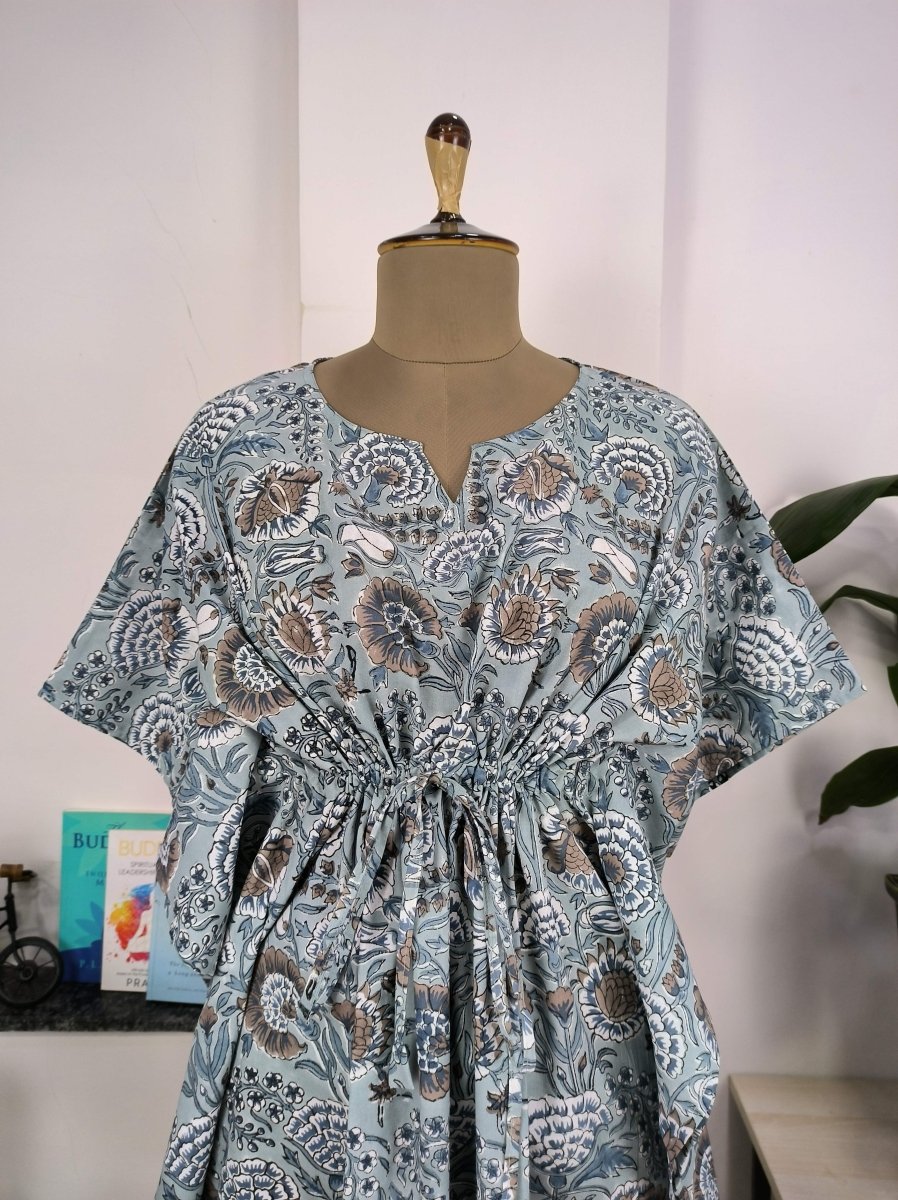 Boho Style Kaftan Dress | Indian Handprinted Deep Steel Grey Botanical | Breathable Lightweight Cotton Fabric, Comfortable Chic Summer Look