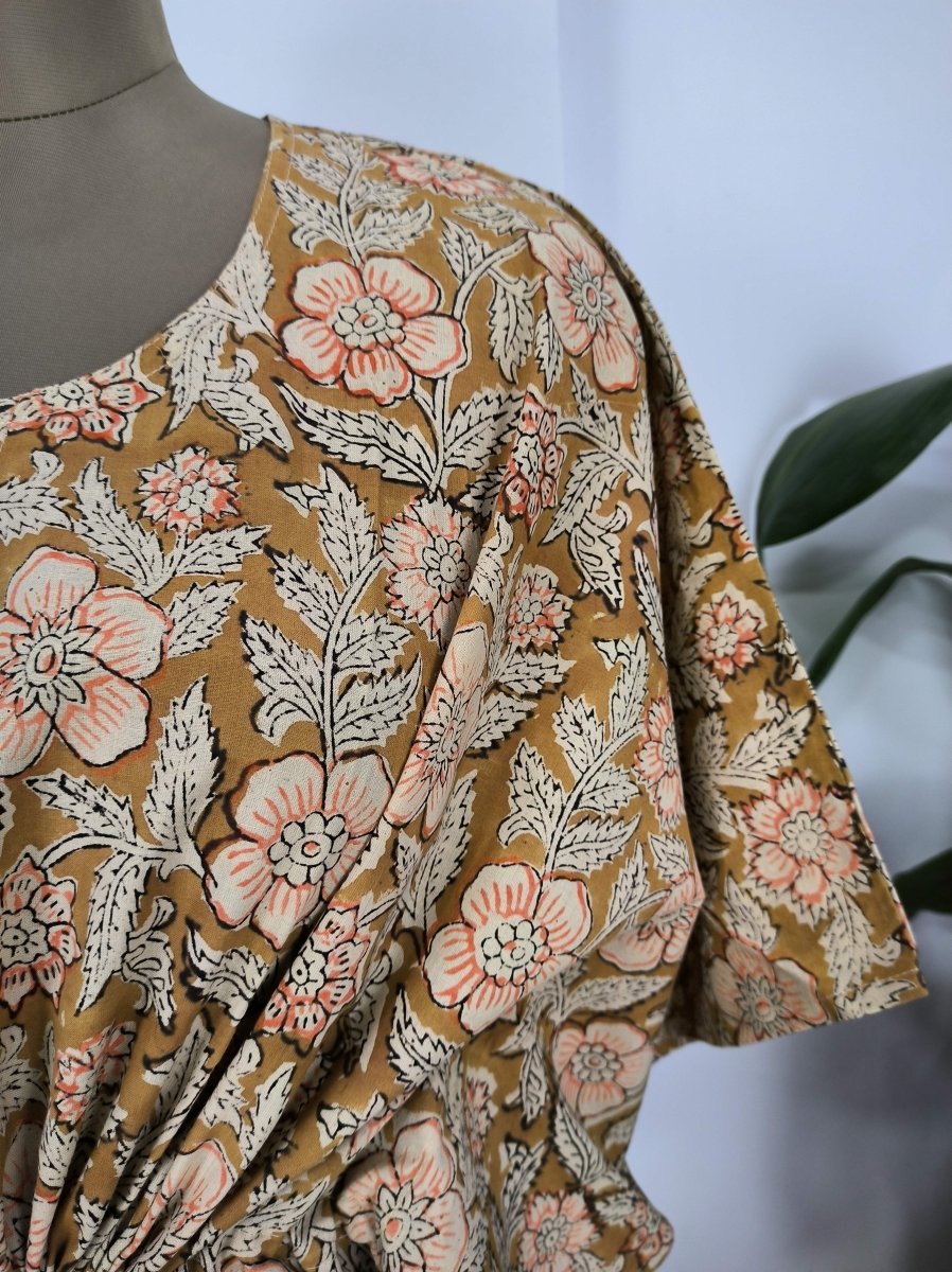 Boho Style Kaftan Dress | Indian Handprinted Golden Brown Daffodils | Breathable Lightweight Cotton Fabric, Comfortable Chic Summer Look