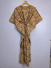 Boho Style Kaftan Dress | Indian Handprinted Golden Brown Daffodils | Breathable Lightweight Cotton Fabric, Comfortable Chic Summer Look