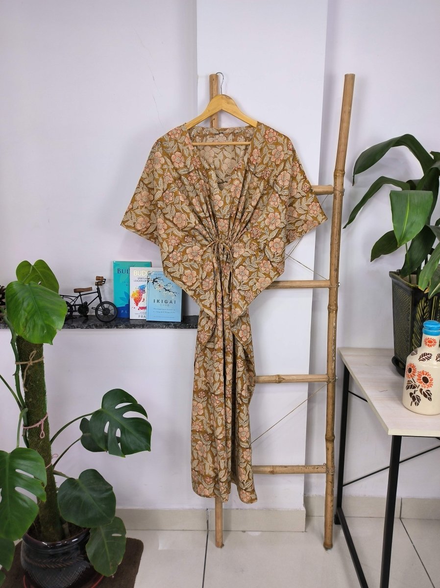 Boho Style Kaftan Dress | Indian Handprinted Golden Brown Daffodils | Breathable Lightweight Cotton Fabric, Comfortable Chic Summer Look