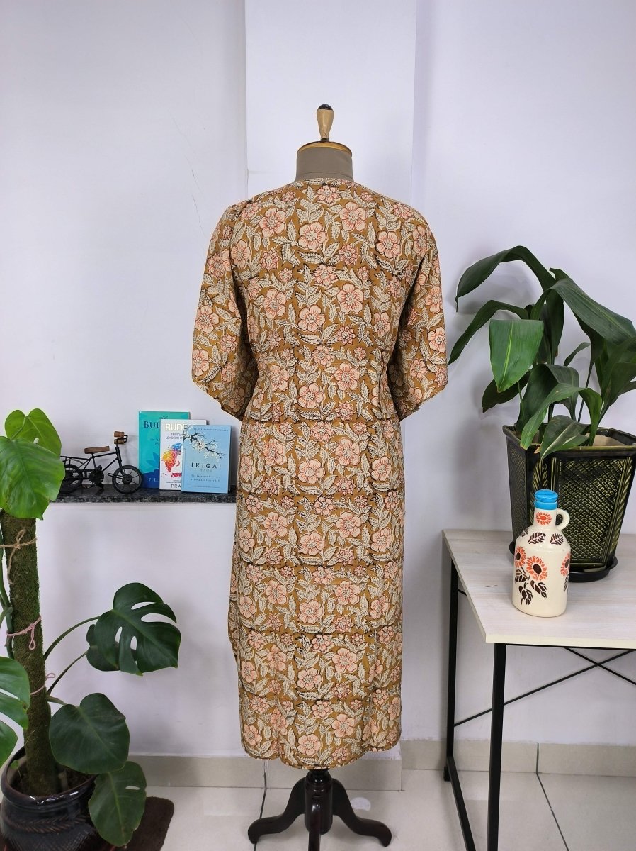Boho Style Kaftan Dress | Indian Handprinted Golden Brown Daffodils | Breathable Lightweight Cotton Fabric, Comfortable Chic Summer Look