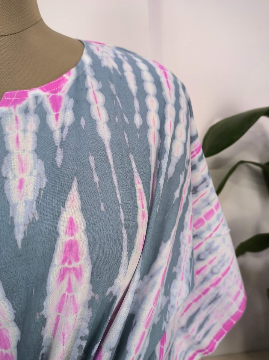 Boho Style Kaftan Dress | Indian Handprinted Pink Metallic Grey Tie Dye | Breathable Lightweight Cotton Fabric, Comfortable Chic Summer Look